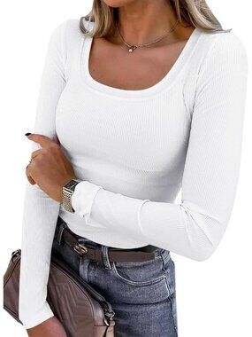 Women's White Long Sleeve Shirts Knit Basic Tee Scoop Neck Fall Ribbed Tops